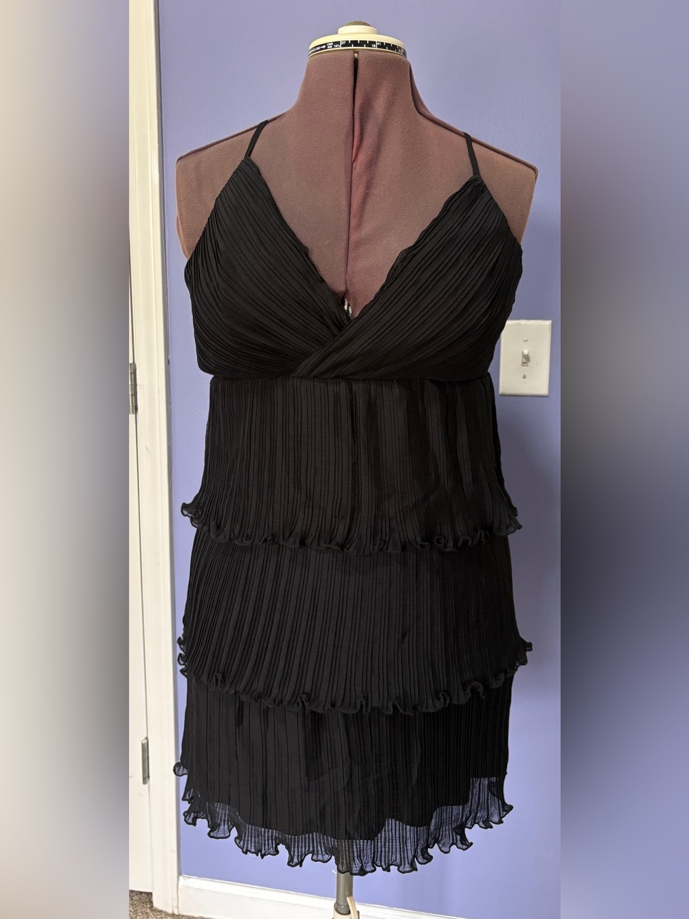 Black Pleated Tiered V-Neck Ruffle Mini Cocktail Dress